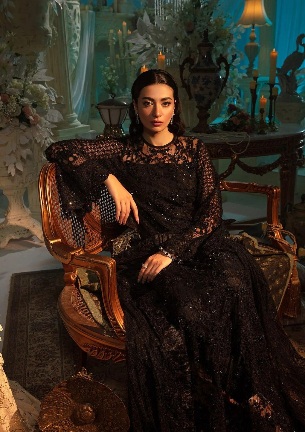 MAJESTY luxury formal dress in Majestic Black with embroidered poly net hand-embellished front.