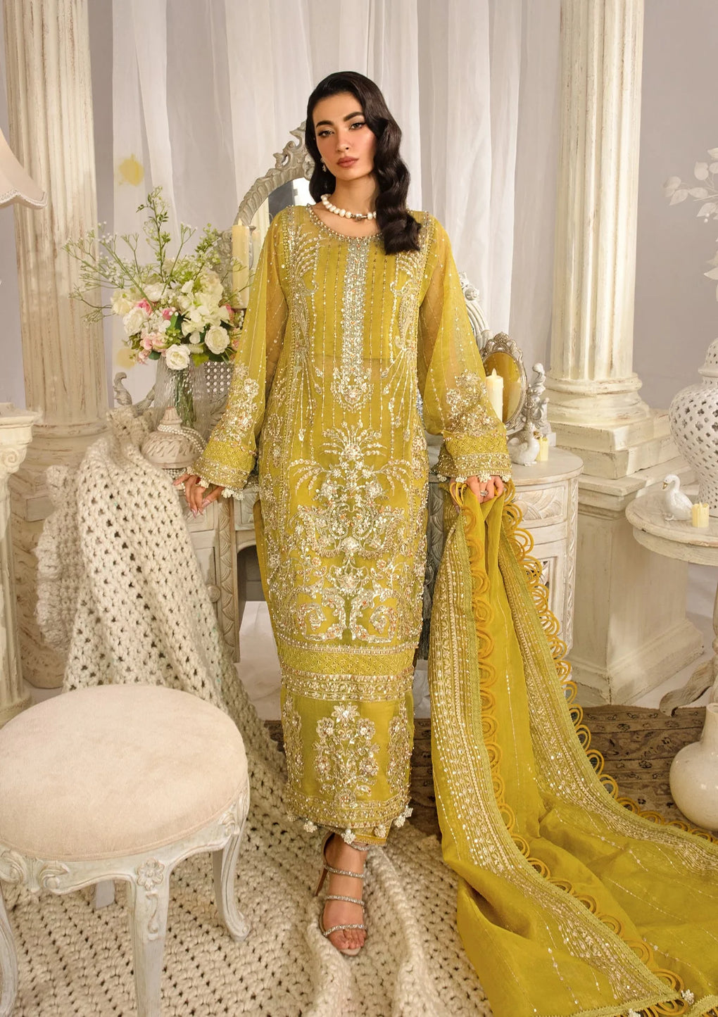 SUNLIT luxury formal dress from ELAF Evara Collection in chic lemon, featuring embroidered organza hand-embellished front, back, and sleeves, perfect for elegant occasions.