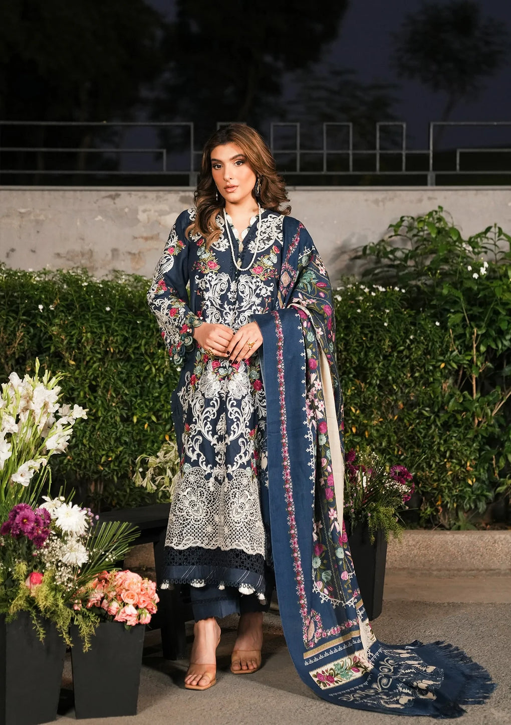 EMBROIDERED KARANDI PATCHED FRONT and SOLID DYED KARANDI TROUSER in Navy Blue color.