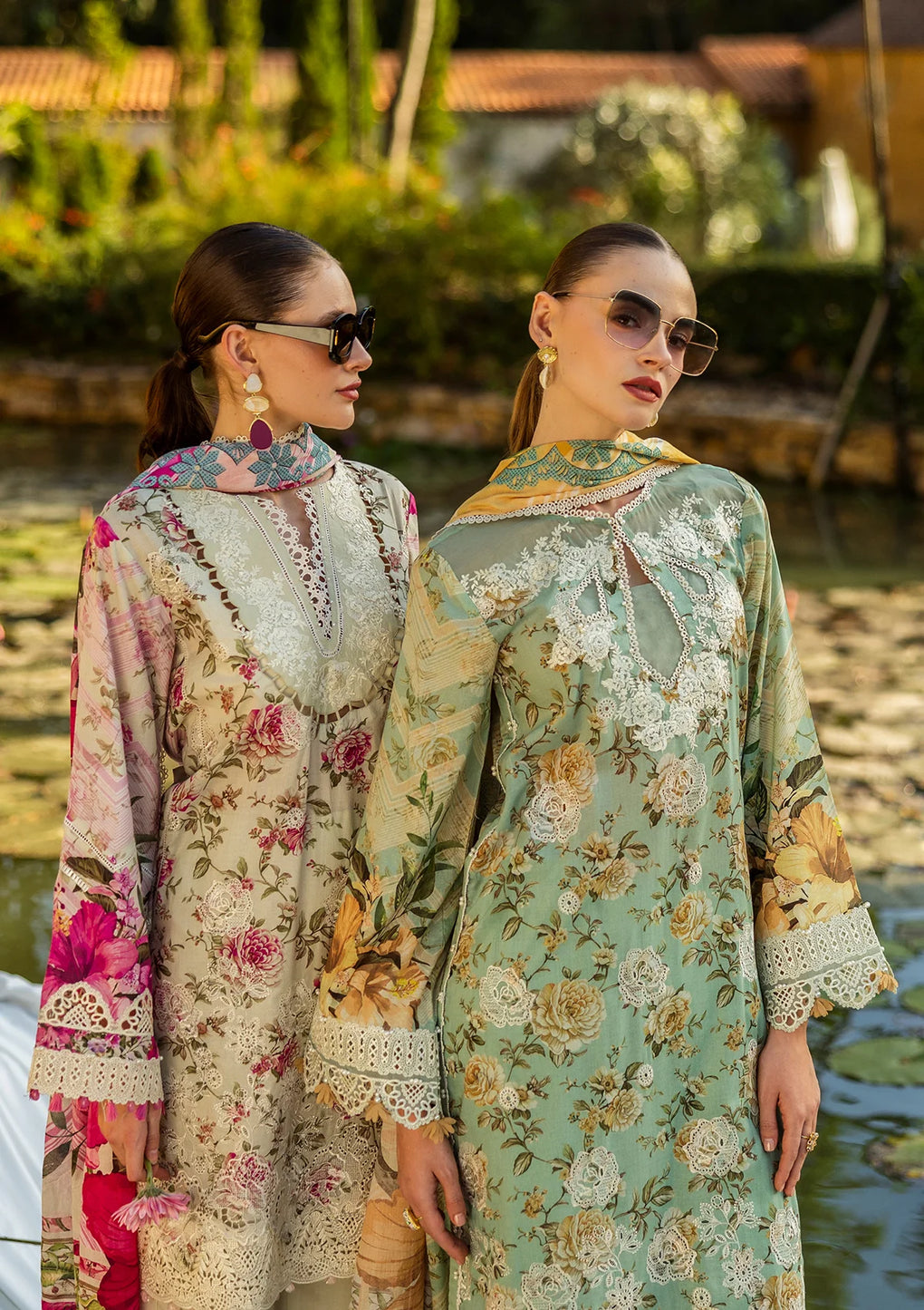 Stylish lawn outfits, one in pink, the other in pista green.