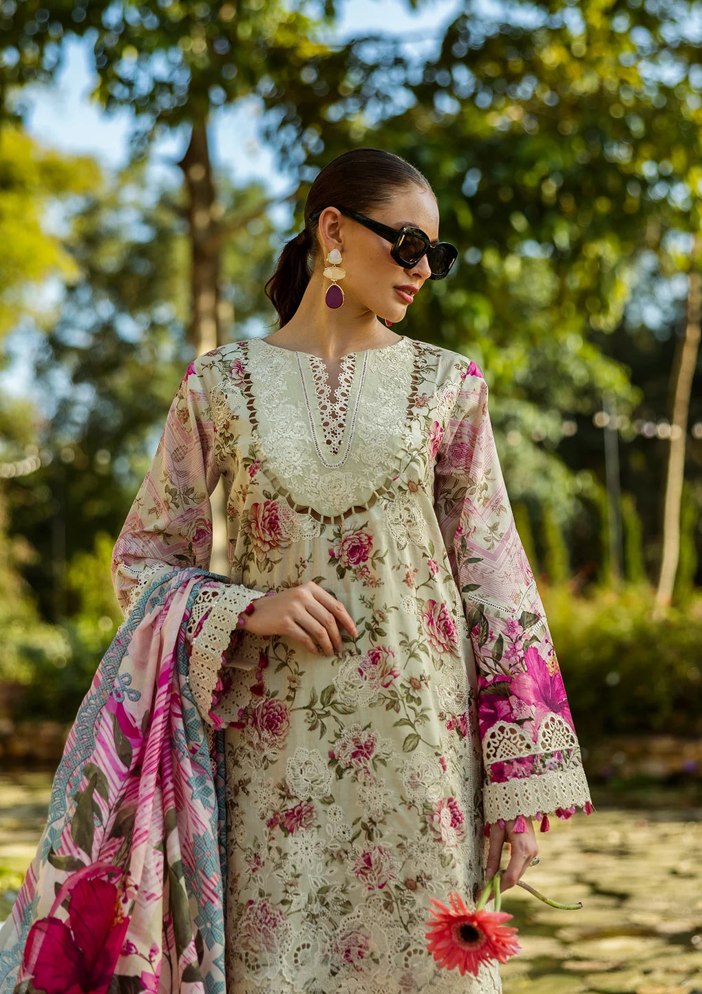 Elegent dress ROSES & WHITES from ELAF Print Chikankari 