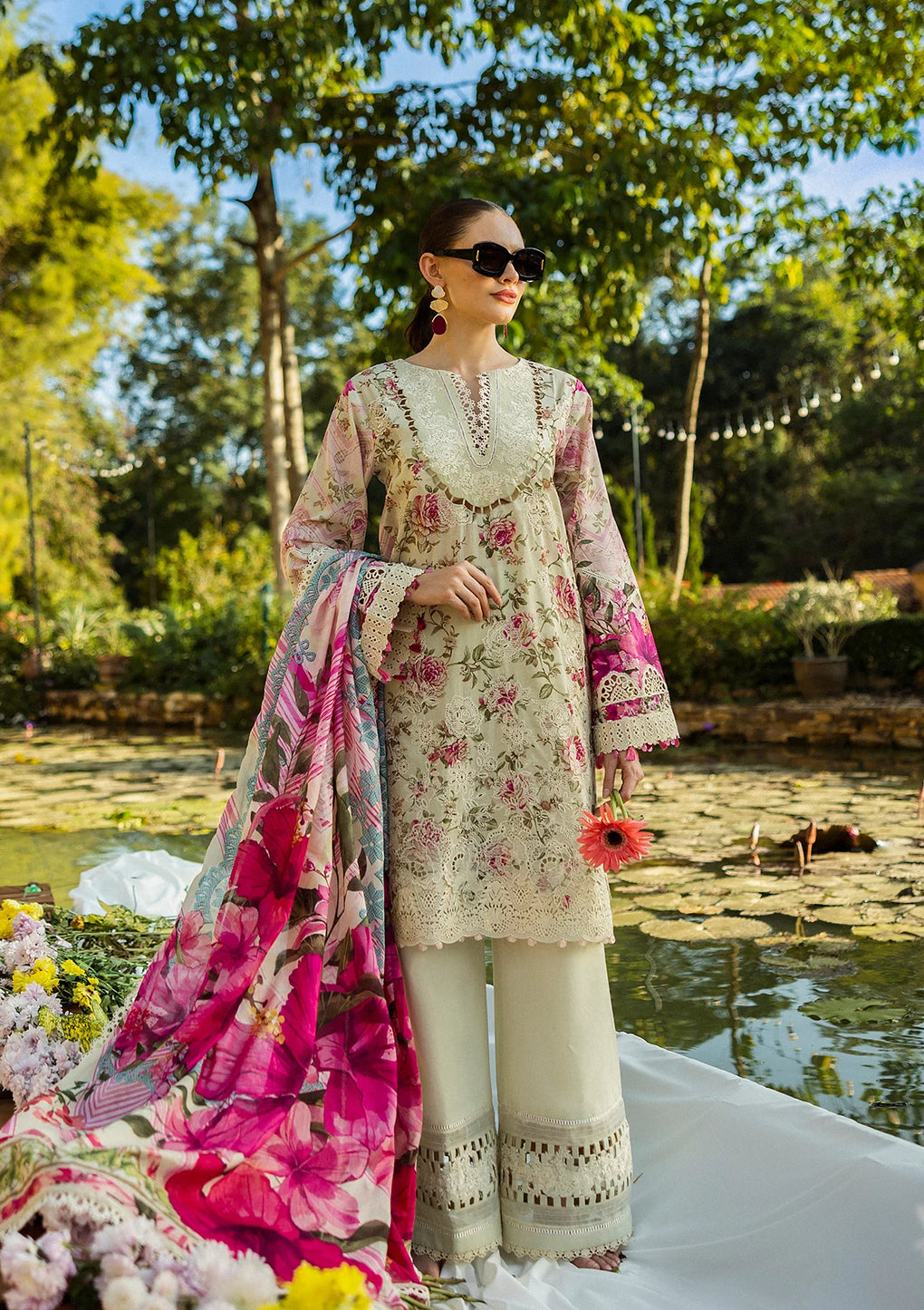 ROSES & WHITES in Digital Printed & Chikankari Lawn and Digital Printed Voil Dupatta from ELAF Print Chikankari Collection 2025.