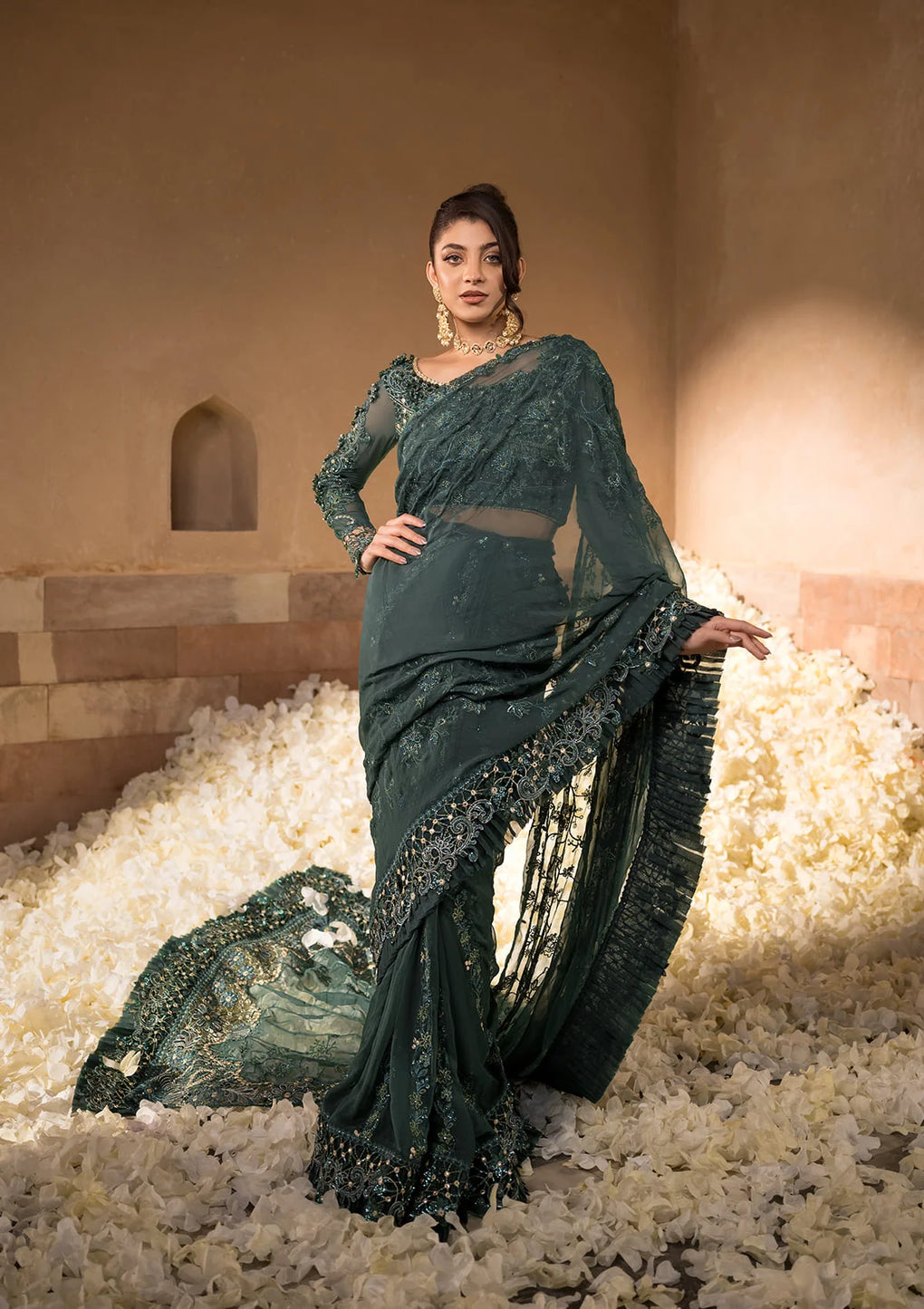 Embroidered Chiffon Hand Embellished Front Yock with Embroidered Organza Saree Pallu Motifs from CELEBRATIONS BY ELAF 2024