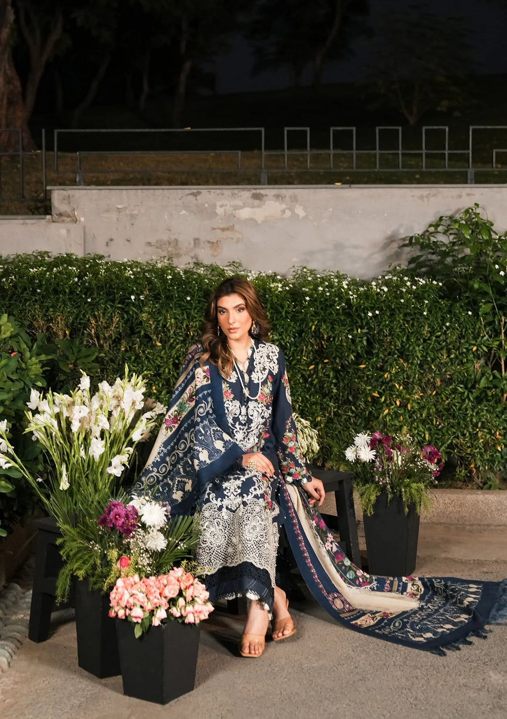 EMBROIDERED ORGANZA FRONT LEFT & RIGHT NECK MOTIFS with stunning PURE PASHMINA PRINTED SHAWL