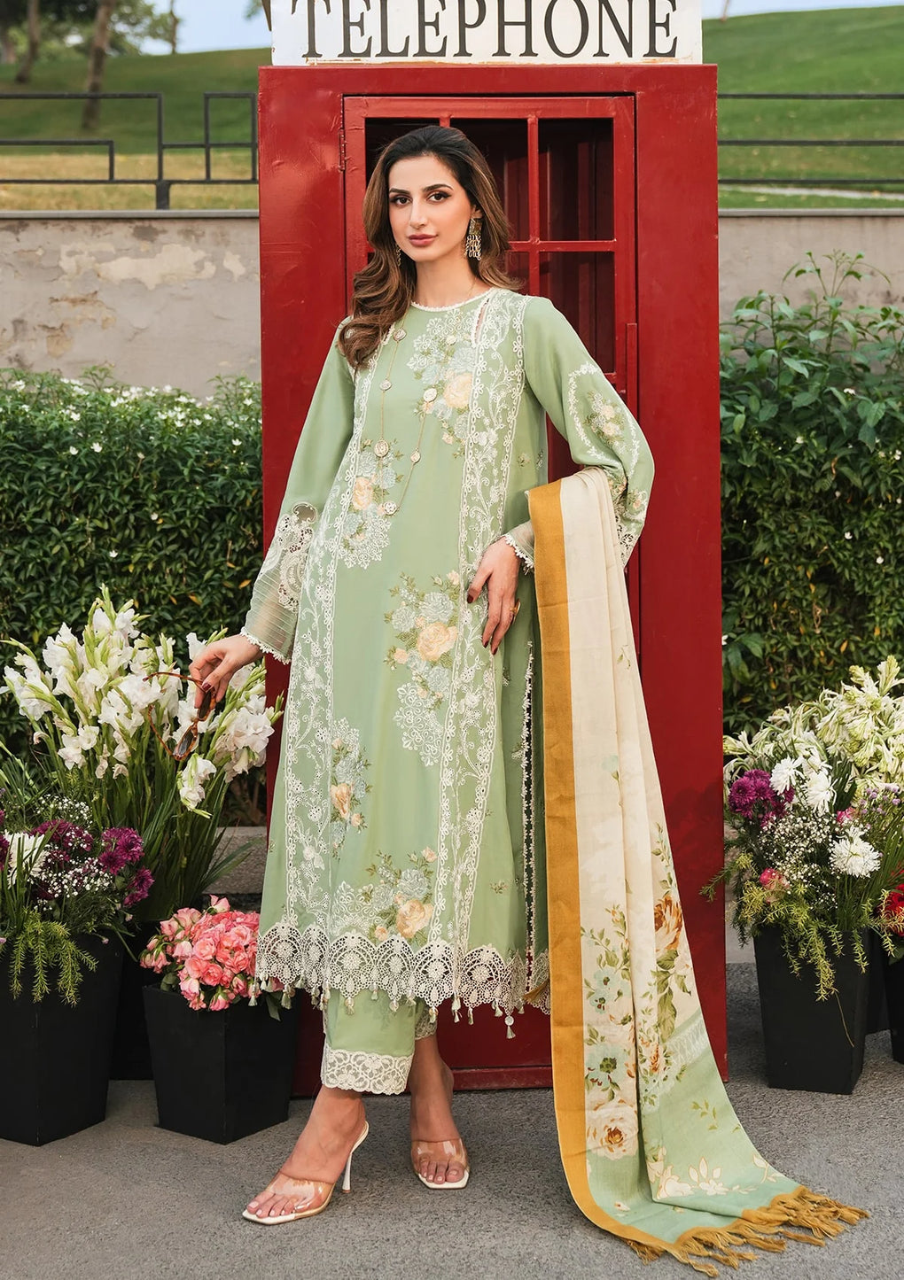 EMBROIDERED LINEN FRONT shirt and PURE PASHMINA PRINTED SHAWL from Elaf Winter Pashmina Shawl Collection 2024