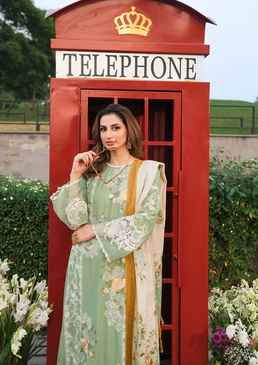 EMBROIDERED LINEN FRONT CENTER PANEL in apple green color.