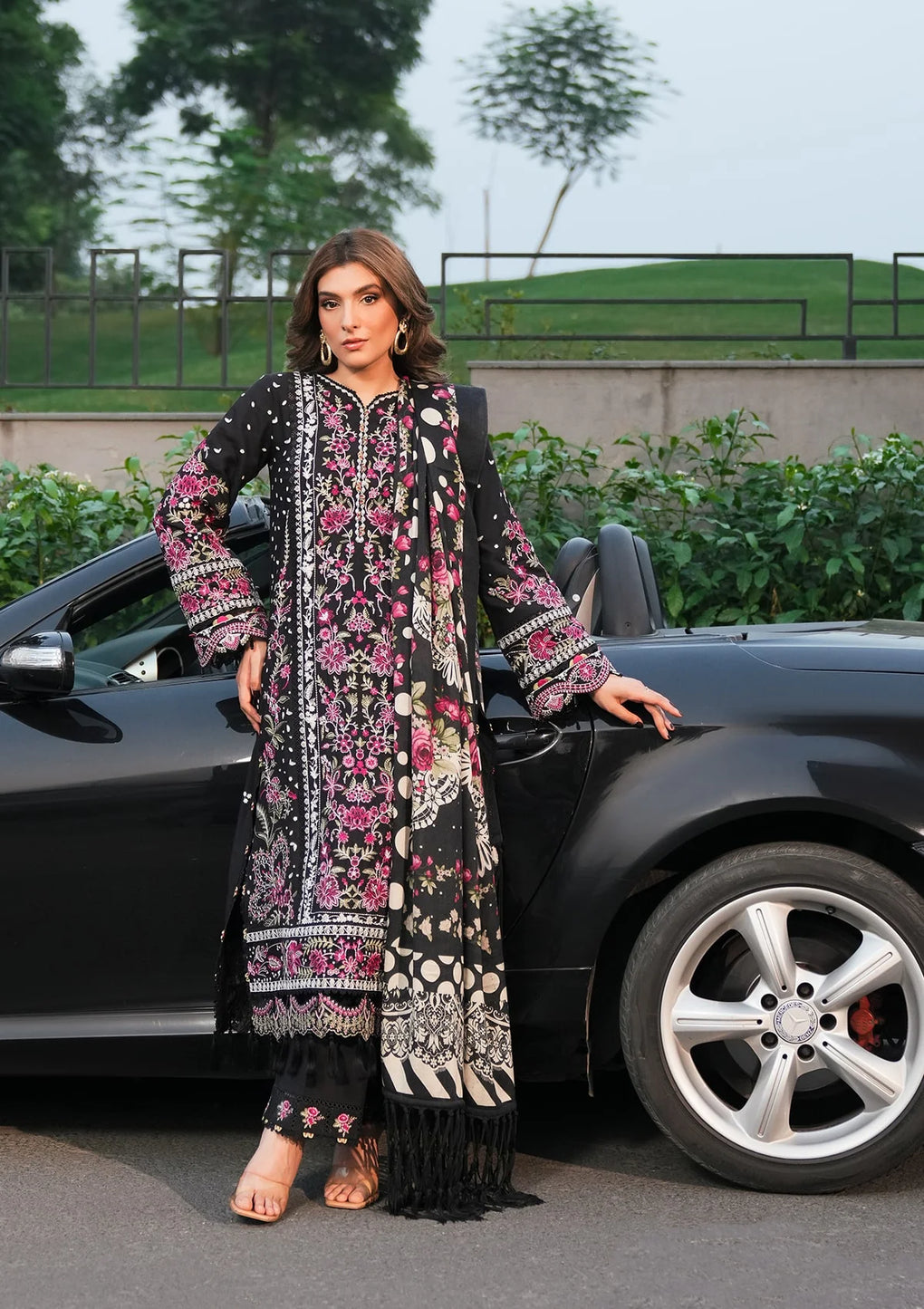 Boundless Dreams- EMBROIDERED LINEN FRONT CENTER PANEL in black color.