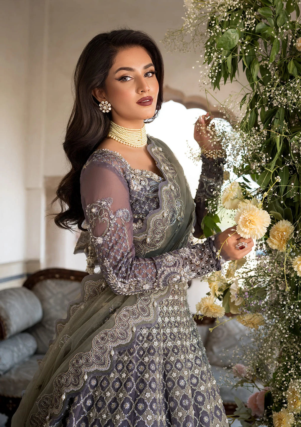 NAZNEEN in elegent grey color with Embroidered Organza Hand Embellished Sleeves.