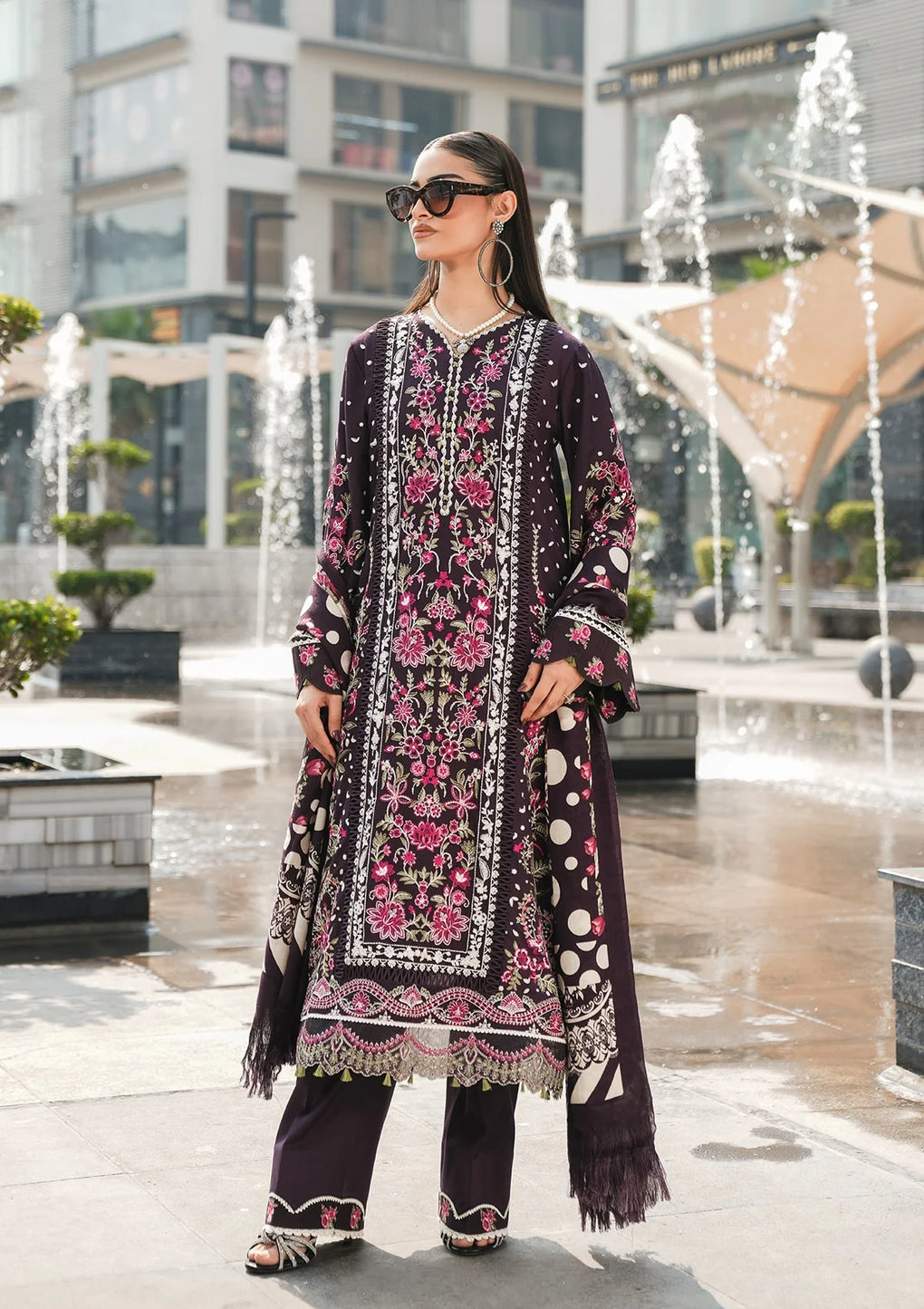 EMBROIDERED LINEN FRONT CENTER PANEL and PURE PASHMINA PRINTED SHAWL from Elaf Winter Pashmina Shawl Collection 2024