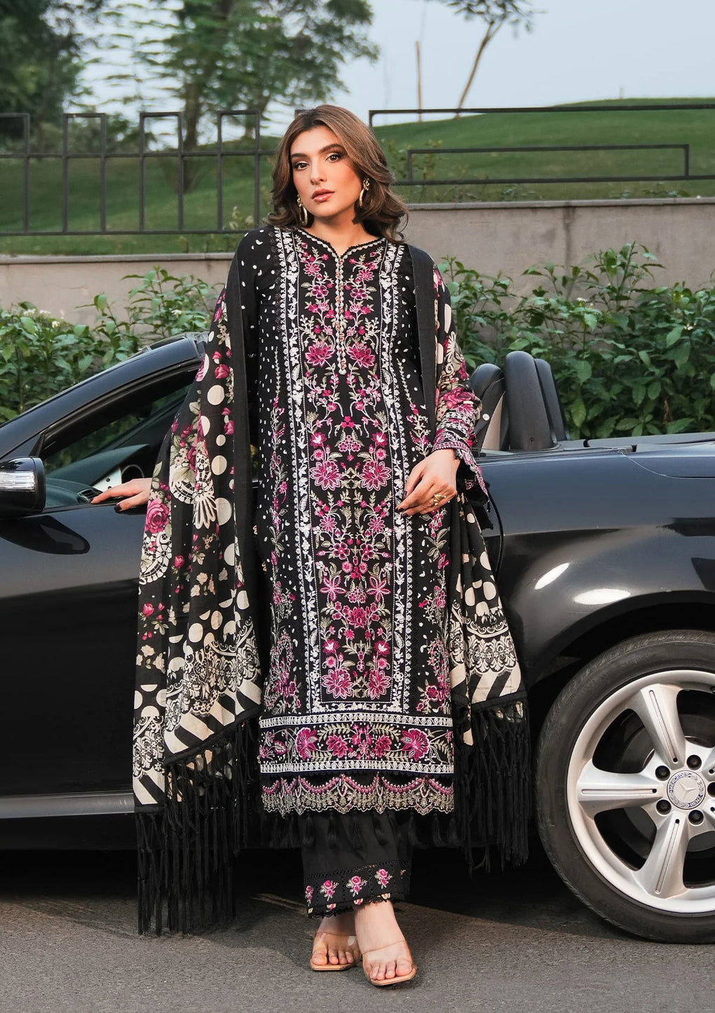 EMBROIDERED LINEN FRONT CENTER PANEL and PURE PASHMINA PRINTED SHAWL from Elaf Winter Pashmina Shawl Collection 2024